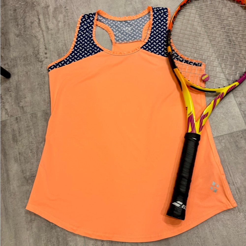 Jofit Soft Orange Tennis Tank with Navy and White Bow and Ruffle Accents - M